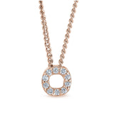 Rose gold finish sterling silver micropave o initial pendant with simulated diamonds on 18 curb chain