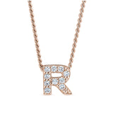 Rose gold finish sterling silver micropave r initial pendant with simulated diamonds on 18 curb chain