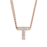 Rose gold finish sterling silver micropave t initial pendant with simulated diamonds on 18 curb chain