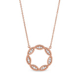 Rose gold finish sterling silver micropave three stone marquis open circle necklace with simulated diamonds on chain