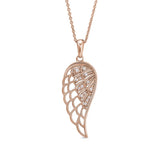 Rose gold finish sterling silver micropave angel wing pendant with simmulated diamonds on 16 - 18 adjustable chain