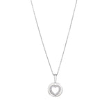 Platinum finish sterling silver micropave round pendant with inside heart with simulated  diamonds on 16 18 adjustable chain