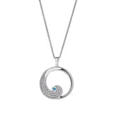 Platinum finish sterling silver micropave wave pendant with simulated blue topaz and simulated diamonds on adjustable chain