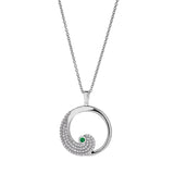 Platinum finish sterling silver micropave wave pendant with simulated emerald and simulated diamonds on adjustable chain