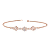 Rose gold finish sterling silver cable cuff bracelet with three clusters of simulated diamonds