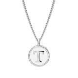Rhodium Finish Sterling Silver White Enamel Initial Necklace on 18" Curb Chain - T