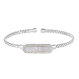 Rhodium Finish Sterling Silver Basketweave Cable Cuff  Bracelet with an Oval with Simulated Diamonds and a Mother of Pearl S