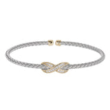 Rhodium Finish Sterling Silver Basketweave Cable Cuff  Bracelet with Gold Finish Infititry With Simualated Diamonds