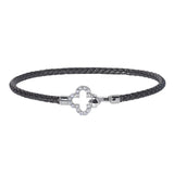 Black Rhodium Finish Sterling Silver Basketweave Cable Cuff  Bracelet with Simulated Diamonds and a Clover Closure