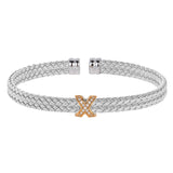 Rhodium Finish Sterling Silver Basketweave Double Cable Cuff  Bracelet With a Gold Finish X with Simulated Diamonds