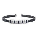 Black Rhodium and Rhodium Finished Sterling Silver Multi Cuff Bracelet with Central Plate with Black and Simulated Diamonds