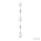 4 MM, 5 MM & 6 MM Round Shape Cultured Pearls and 1/10 Ctw Round Cut Diamond Station Long Earring in 14K White Gold