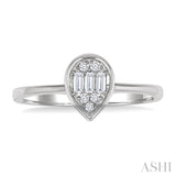 1/6 Ctw Petite Bezel Set Pear Shape Fusion Baguette and Round Cut Diamond Fashion Ring in 10K White Gold