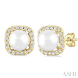 5 MM Cushion-Shaped Cultured Pearl and 1/8 Ctw Petite Round Cut Diamond Halo Stud Earring in 10K Yellow Gold