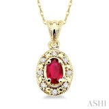 5x3 MM Oval Shape Ruby and 1/20 Ctw Single Cut Diamond Pendant in 10K Yellow Gold with Chain