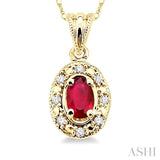 5x3 MM Oval Shape Ruby and 1/20 Ctw Single Cut Diamond Pendant in 10K Yellow Gold with Chain