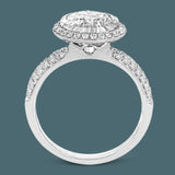 This classically-styled white gold engagement ring features a circular halo and is highlighted by .43 ctw of sparkling round cut white diamonds.