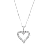 Platinum finish sterling silver open heart pendant with simulated diamonds on a 16