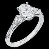 This modern 3 stone engagement ring is made for an oval center and flanked by 2 kite set diamonds 0.23 ctw, with round prong set diamonds along the shank 0.22 ctw.