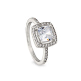 Platinum finish sterling silver micropave cushion cut ring with 37 simulated diamonds