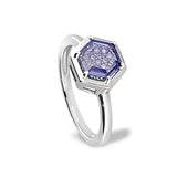 Platinum finish sterling silver flat hexagon synthetic tanzanite ring with synthetic diamonds - size 5