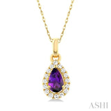 5x3 MM Pear Shape Amethyst and 1/20 ctw Single Cut Diamond Halo Semi Precious Pendant with Chain in 14K Yellow Gold
