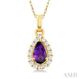 5x3 MM Pear Shape Amethyst and 1/20 ctw Single Cut Diamond Halo Semi Precious Pendant with Chain in 14K Yellow Gold