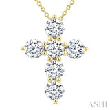 1 1/2 Ctw Round Cut Diamond Christian Cross 6-Stone Fashion Pendant With Chain in 14K Yellow Gold