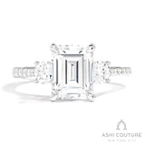 Bridal 3-Stone Diamond Emerald Semi-Mount Engagement Ring With Round Side Diamonds in White Gold