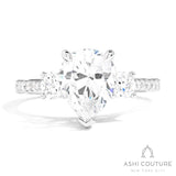 Bridal 3-Stone Diamond Pear Semi-Mount Engagement Ring With Round Side Diamonds in White Gold