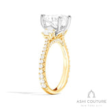 Bridal 3-Stone Diamond Pear Semi-Mount Engagement Ring With Round Side Diamonds in Yellow and White Gold