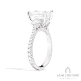 Bridal 3-Stone Diamond Emerald Semi-Mount Engagement Ring With Round Side Diamonds in White Gold