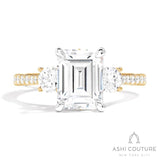 Bridal 3-Stone Diamond Emerald Semi-Mount Engagement Ring With Round Side Diamonds in Yellow and White Gold