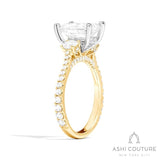 Bridal 3-Stone Diamond Emerald Semi-Mount Engagement Ring With Round Side Diamonds in Yellow and White Gold