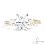Bridal 3-Stone Diamond Oval Semi-Mount Engagement Ring With Round Side Diamonds in Yellow and White Gold