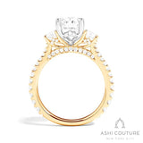 Bridal 3-Stone Diamond Oval Semi-Mount Engagement Ring With Round Side Diamonds in Yellow and White Gold
