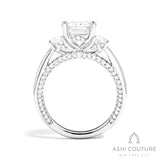 Bridal 3-Stone Emerald Semi-Mount Engagement Ring With Round Side Diamonds in White Gold