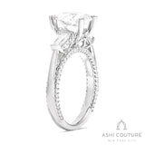 Bridal 3-Stone Oval Semi-Mount Engagement Ring With Tapered Baguette Side Diamonds in White Gold