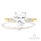 Bridal 3-Stone Pear Semi-Mount Engagement Ring With Tapered Baguette Side Diamonds in Yellow and White Gold
