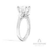 Bridal 3-Stone Round Semi-Mount Engagement Ring With Tapered Baguette Side Diamonds in White Gold