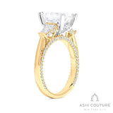 Bridal 3-Stone Emerald Semi-Mount Engagement Ring With Tapered Baguette Side Diamonds in Yellow and White Gold