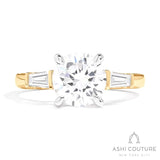 Bridal 3-Stone Round Semi-Mount Engagement Ring With Tapered Baguette Side Diamonds in Yellow and White Gold
