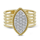 This 18k gold ring certainly makes a statement with .49 ctw of white diamonds pave set into a marquise shape placed onto five bands of yellow gold, creating a stacked look.