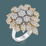 This opulent 18k white and yellow gold right hand fashion ring recalls Old Hollywood glamour with a whopping 2.06 ctw of white diamonds set in a floral design.