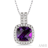 7x7 mm Cushion Cut Amethyst and 1/5 Ctw Round Cut Diamond Pendant in 14K White Gold with Chain