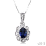 6x4 mm Oval Cut Sapphire and 1/20 ctw Single Cut Diamond Pendant in Sterling Silver with Chain