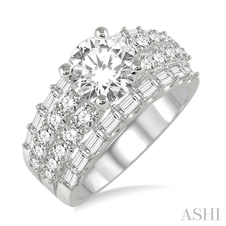 14K White Gold 2.35 Ct. Baguette and Round Diamonds Cushion Shape Ring