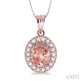 8x6mm Oval Cut Morganite and 1/3 Ctw Round Cut Diamond Pendant in 14K Rose Gold with Chain