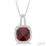 8x8 MM Cushion Cut Garnet and 1/5 Ctw Round Cut Diamond Pendant in 10K White Gold with Chain