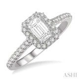 3/4 Ctw Octagonal Emerald Cut Diamond Ladies Engagement Ring with 1/2 Ct Emerald Cut Center Stone in 14K White Gold